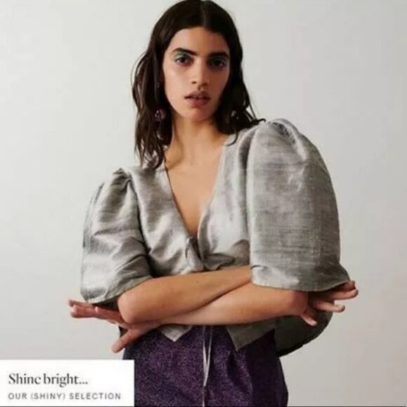 Maison Cleo Silver Silk Blouse Size S/M/L - Picture 2 of 13